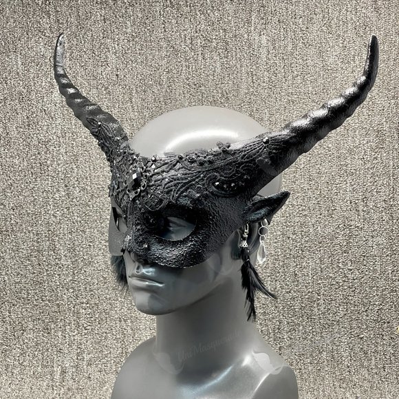 Black Fairy Devil Horn with Earring Sexy Venetian Masquerade Women Party Mask - Picture 2 of 3
